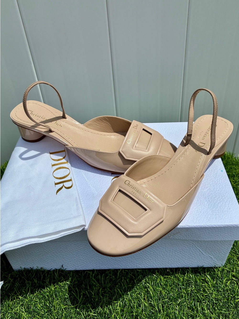 DIOR DAY SLING BALLERINA PUMP NEUTRAL BEIGE CALF PAT. LEATHER LOGO SZ 38.5 NEW - Picture 2 of 16